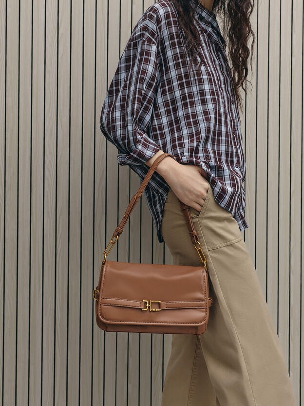 Gwynne Metallic-Buckle Belted Shoulder Bag, Chocolate, hi-res