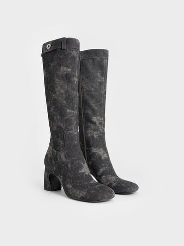 Denim Block-Heel Knee-High Biker Boots, Dark Grey, hi-res