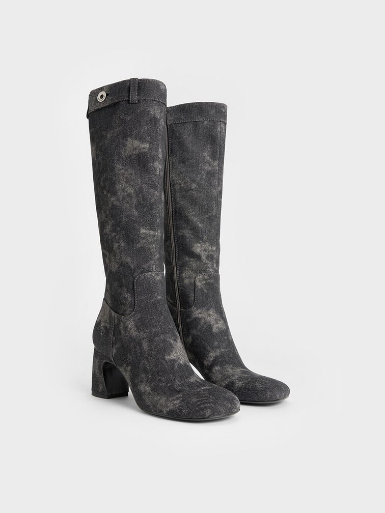 Denim Block-Heel Knee-High Biker Boots, Dark Grey, hi-res