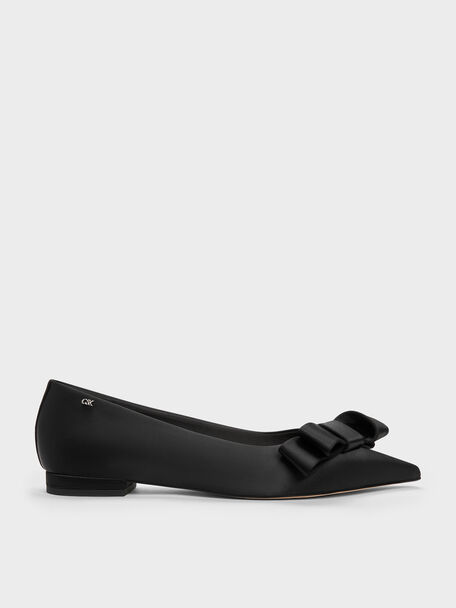 Pleated-Bow Pointed Ballet Flats, Black Textured, hi-res