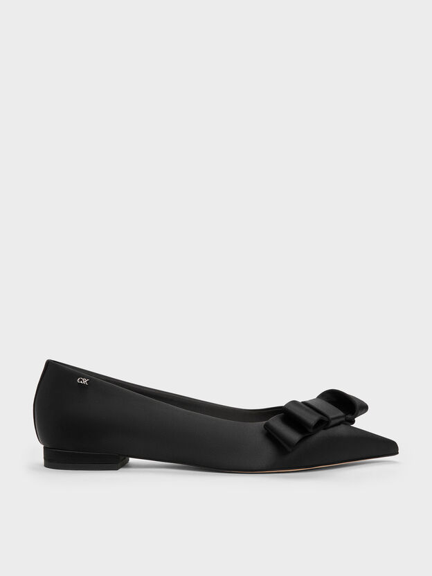 Pleated-Bow Pointed Ballet Flats, Black Textured, hi-res