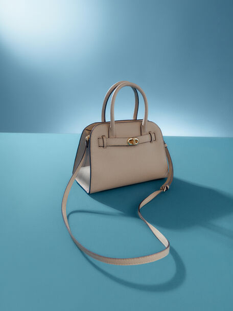 Aubrielle Belted Tote Bag, Taupe, hi-res