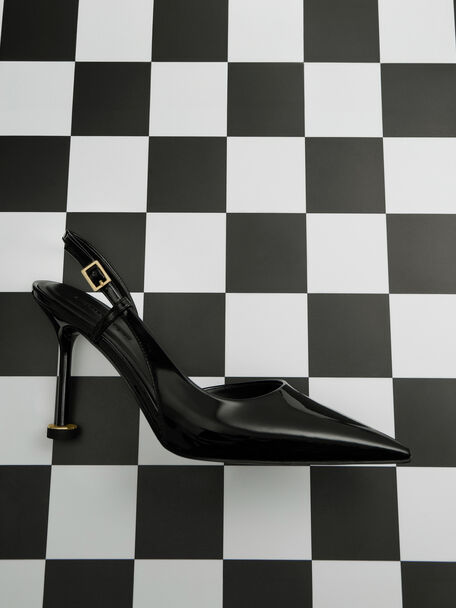 Wynn Patent Pointed-Toe Sculptural-Heel Slingback Pumps, Black Patent, hi-res