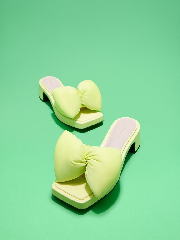 Puffy Bow Heeled Mules, Lime, hi-res