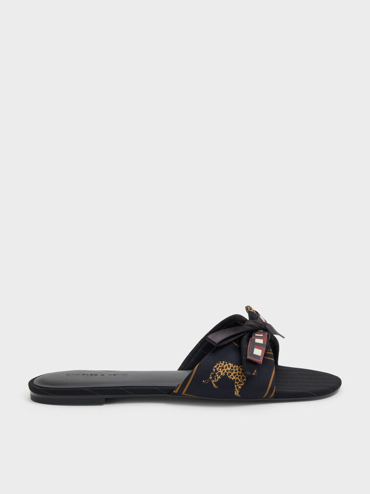 Satin Printed Bow Slide Sandals, Black Textured, hi-res