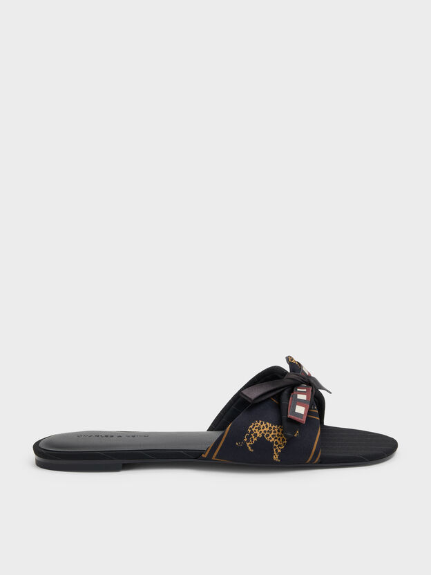 Satin Printed Bow Slide Sandals, Black Textured, hi-res