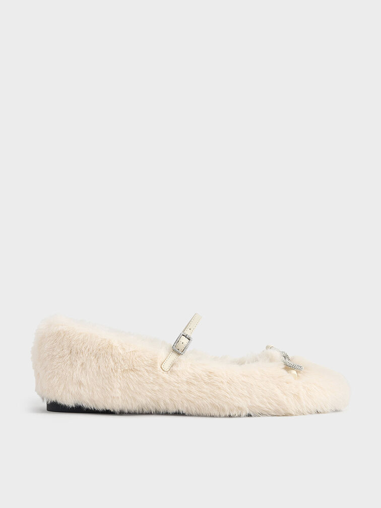 Bow Crystal-Embellished Furry Mary Janes, Chalk, hi-res