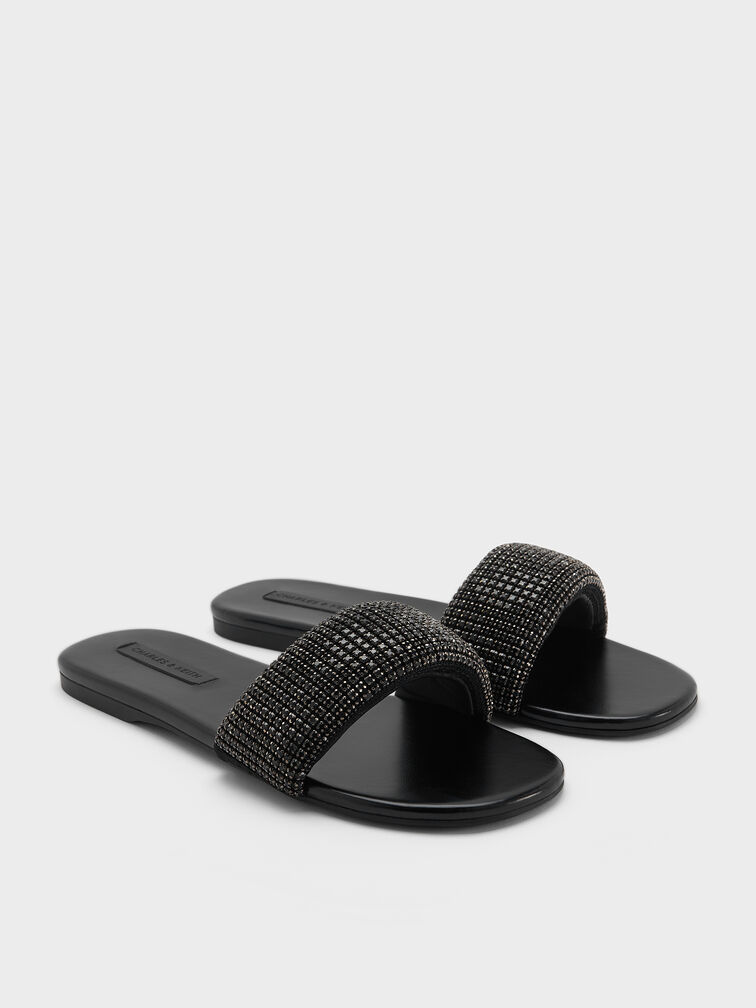 Faux Suede Crystal-Embellished Slide Sandals, Black Textured, hi-res