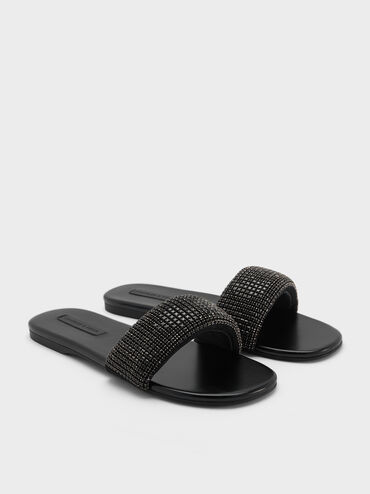 Faux Suede Crystal-Embellished Slide Sandals, Black Textured, hi-res