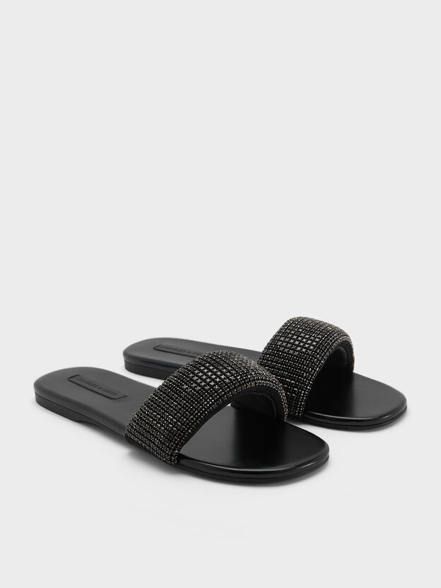 Faux Suede Crystal Slide Sandals, Black Textured, hi-res