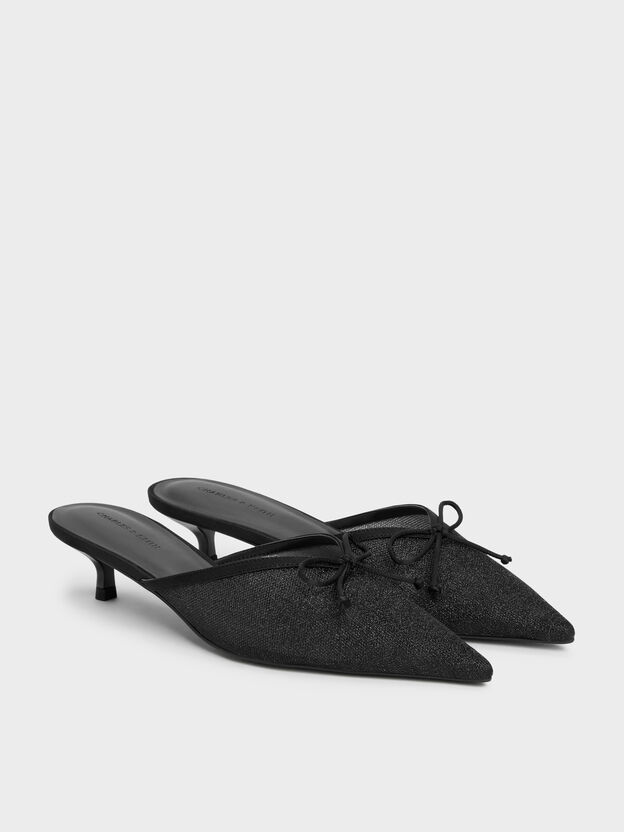 Glittered Mesh Bow Kitten Heels, Black Textured, hi-res