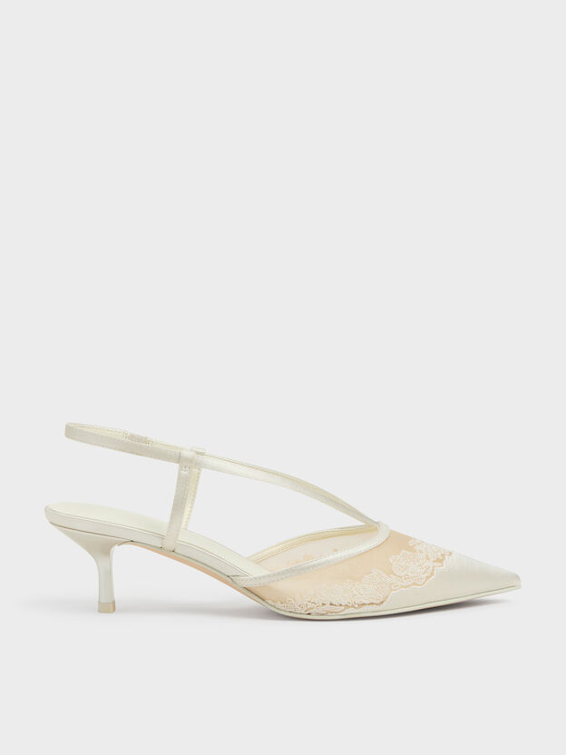 Satin Embroidered-Mesh Slingback Kitten Heels, White, hi-res