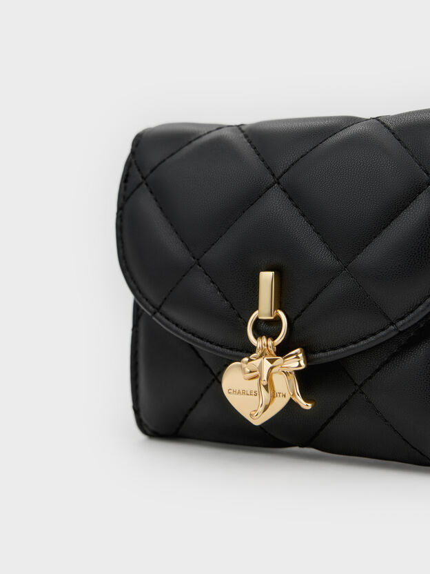 Arrietty Quilted Curved-Flap Wallet, Black, hi-res