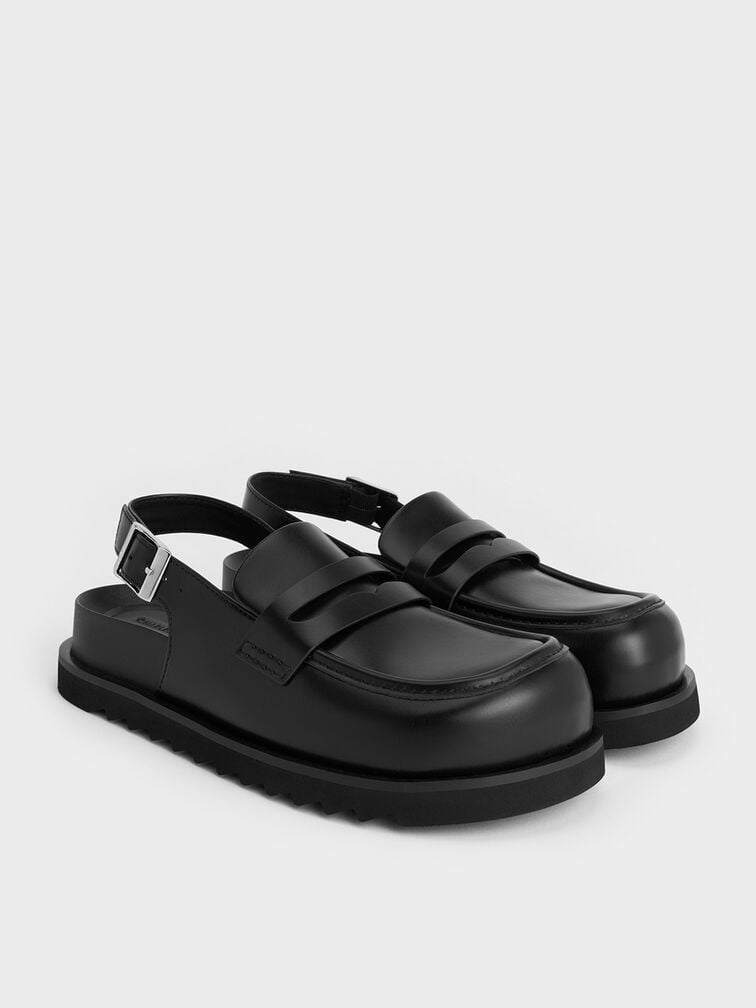 Slingback Penny Loafers, Black Slingback Penny Loafers, Black, hi-res