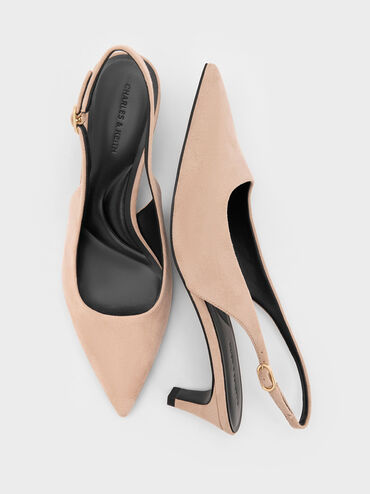 Faux Suede Pointed-Toe Kitten-Heel Slingback Pumps, Nude, hi-res