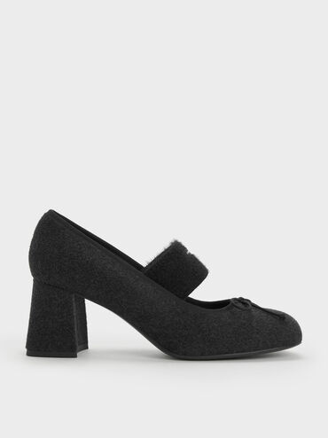 Winona Felt Bow Furry-Strap Mary Jane Pumps, Black Textured, hi-res