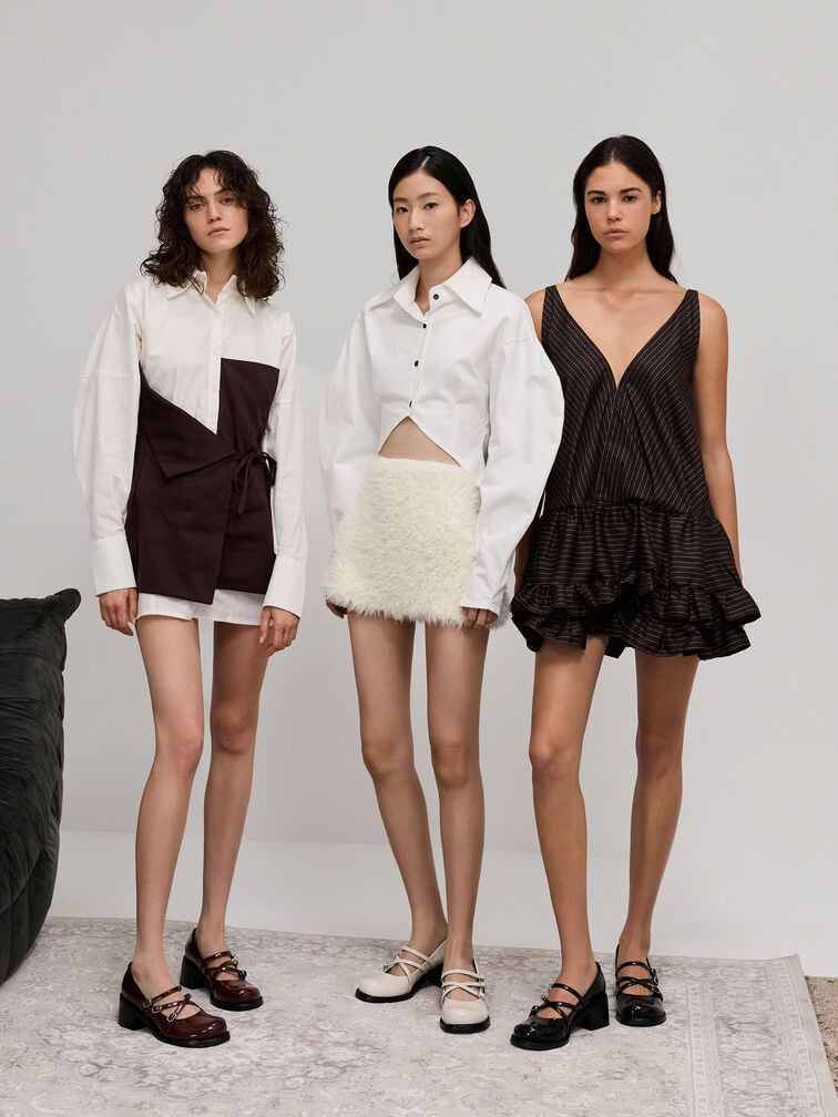 Patent Triple-Strap Crossover Block-Heel Mary Janes, Burgundy, hi-res