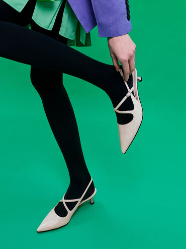 Pauline Patent Crossover Slingback Kitten Heels, Chalk, hi-res