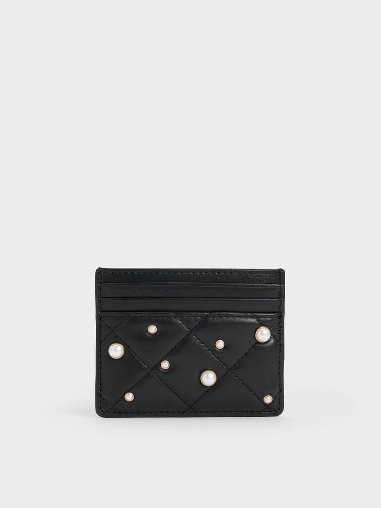 Janie Pearl-Embellished Quilted Card Holder, Black, hi-res