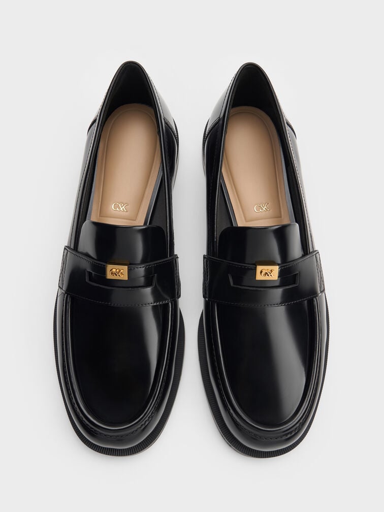 Georgina Leather Metallic-Accent Penny Loafers, Black Box, hi-res