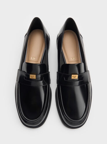 Georgina Leather Metallic-Accent Penny Loafers, Black Box, hi-res