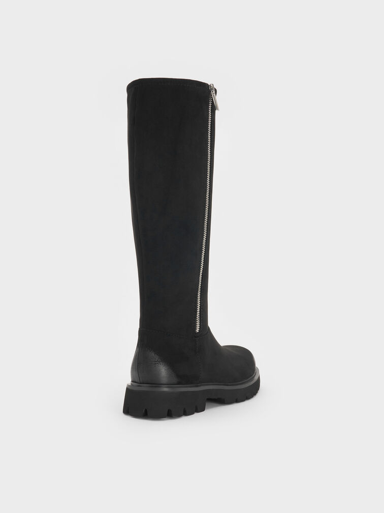 Rosamond Faux Suede Side-Zip Ridged-Sole Knee-High Boots, Black Textured, hi-res
