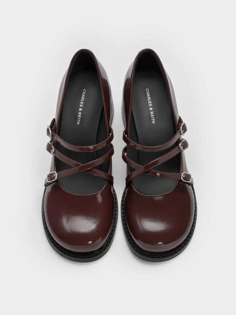 Patent Triple-Strap Crossover Block-Heel Mary Janes, Burgundy, hi-res