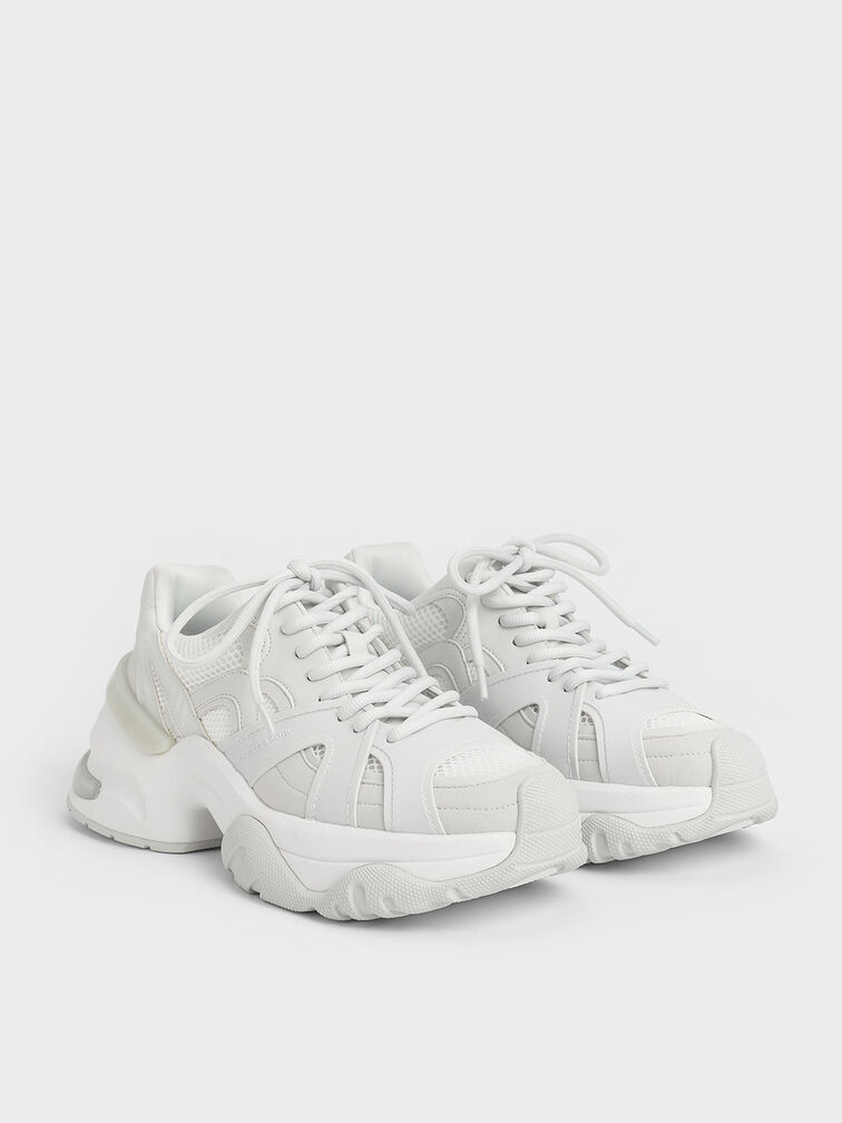 Mesh Contrast-Trim Chunky Sneakers, White, hi-res