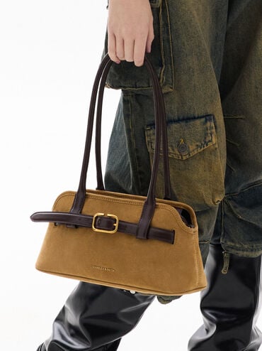 Victoria Recycled Suede Belted Elongated Shoulder Bag, Sahara Sand, hi-res