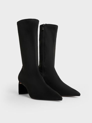 Faux Suede Blade-Heel Pointed-Toe Calf Boots, Black Textured, hi-res