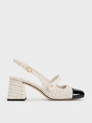 Aeryn Tweed Pearl-Embellished Slingback Pumps, Cream, hi-res