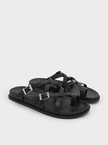 Crossover Toe-Ring Sandals, Black, hi-res
