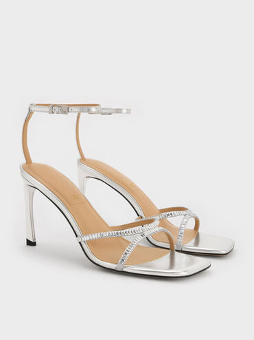 Metallic Leather & Satin Crystal-Embellished Ankle-Strap Sandals, Silver, hi-res