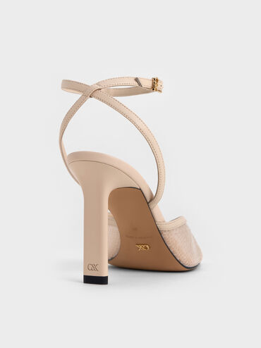 Sequin Mesh & Leather Ankle-Strap Heeled Sandals, Nude, hi-res