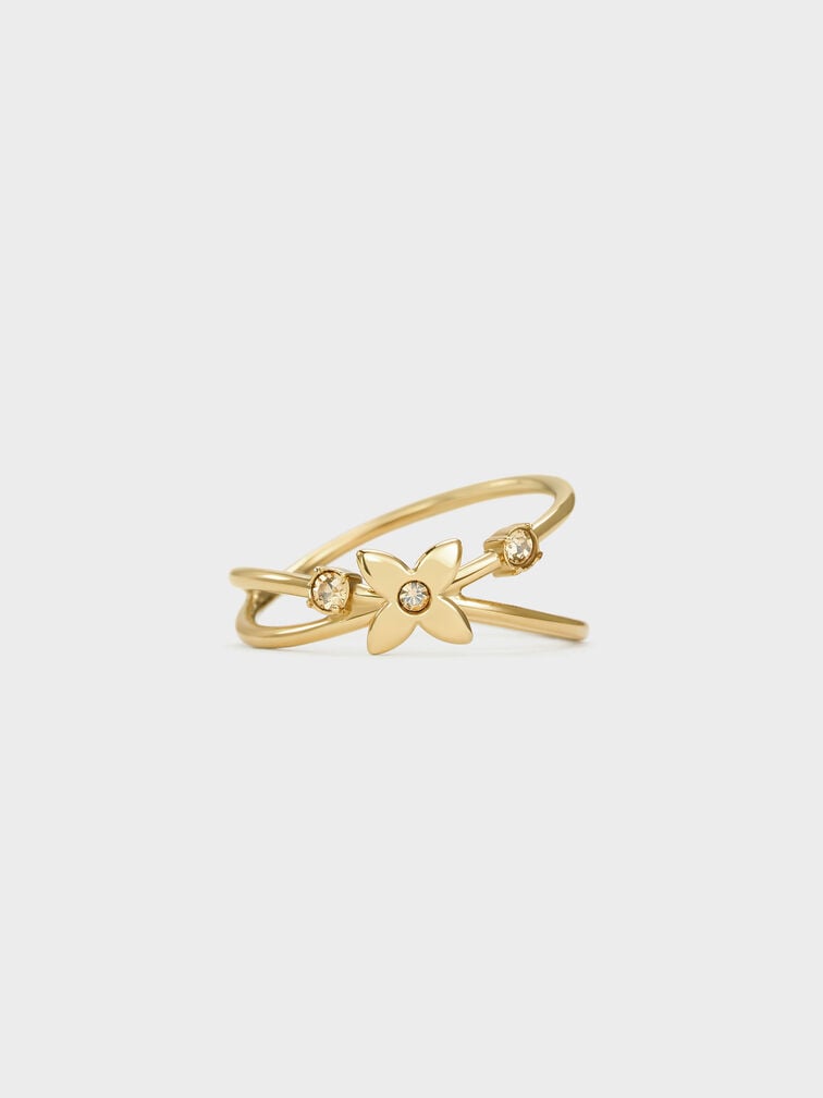 Felicity Flower-Motif Crystal Crossover Ring, Gold, hi-res