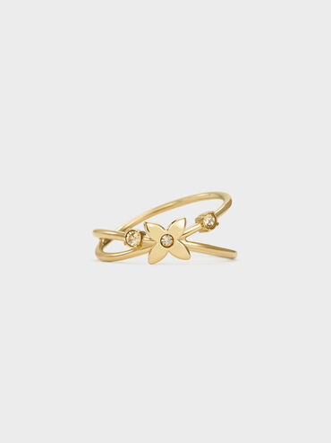 Felicity Flower-Motif Crystal Crossover Ring, Gold, hi-res