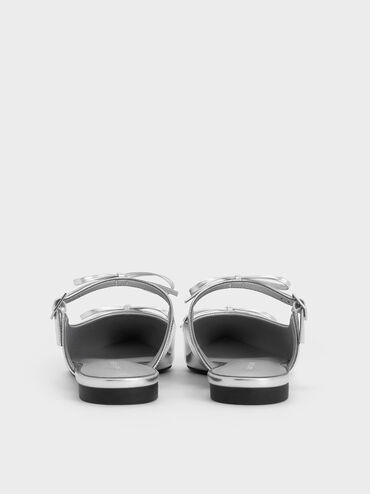 Metallic Double-Bow Pointed-Toe Mules, Silver, hi-res