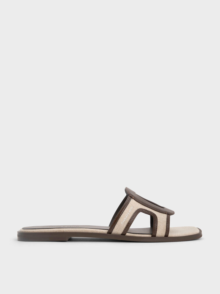 Easley Linen Cut-Out Slide Sandals, Dark Brown, hi-res