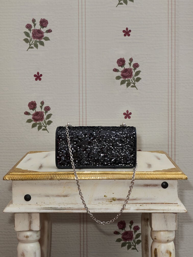 Paffuto Sequinned Wallet On Chain, Noir, hi-res