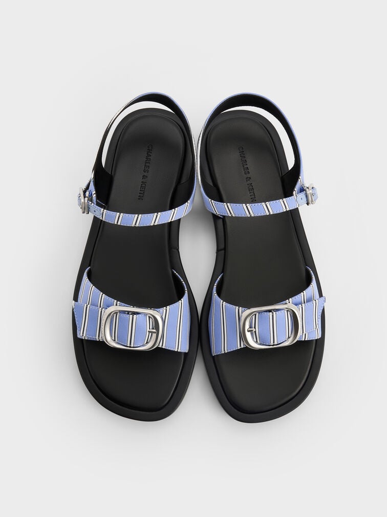 Striped Buckled Slingback Sandals, Blue, hi-res