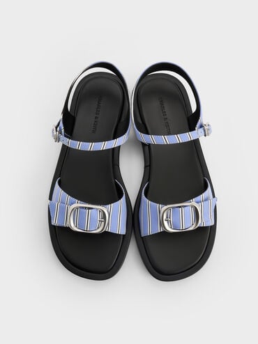 Striped Buckled Slingback Sandals, Blue, hi-res