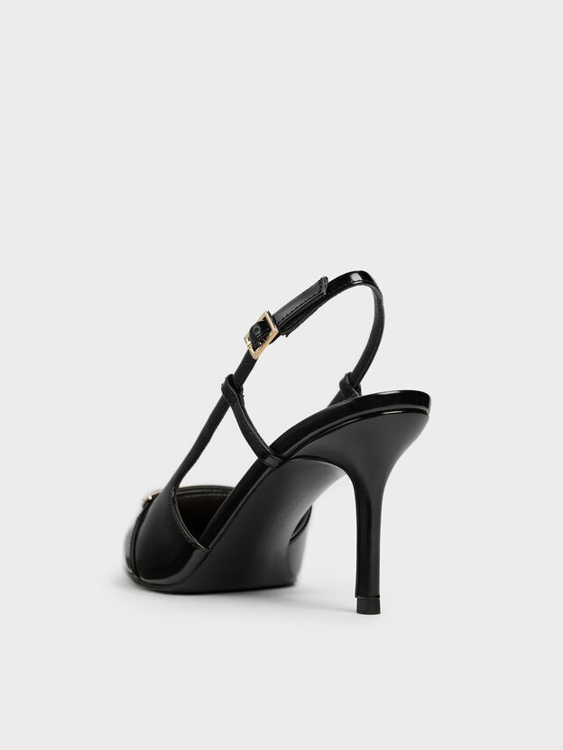Metallic-Bar Pointed Slingback Pumps, Black Box, hi-res
