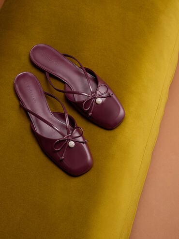 Pearl-Accent Bow Flat Mules, Burgundy, hi-res