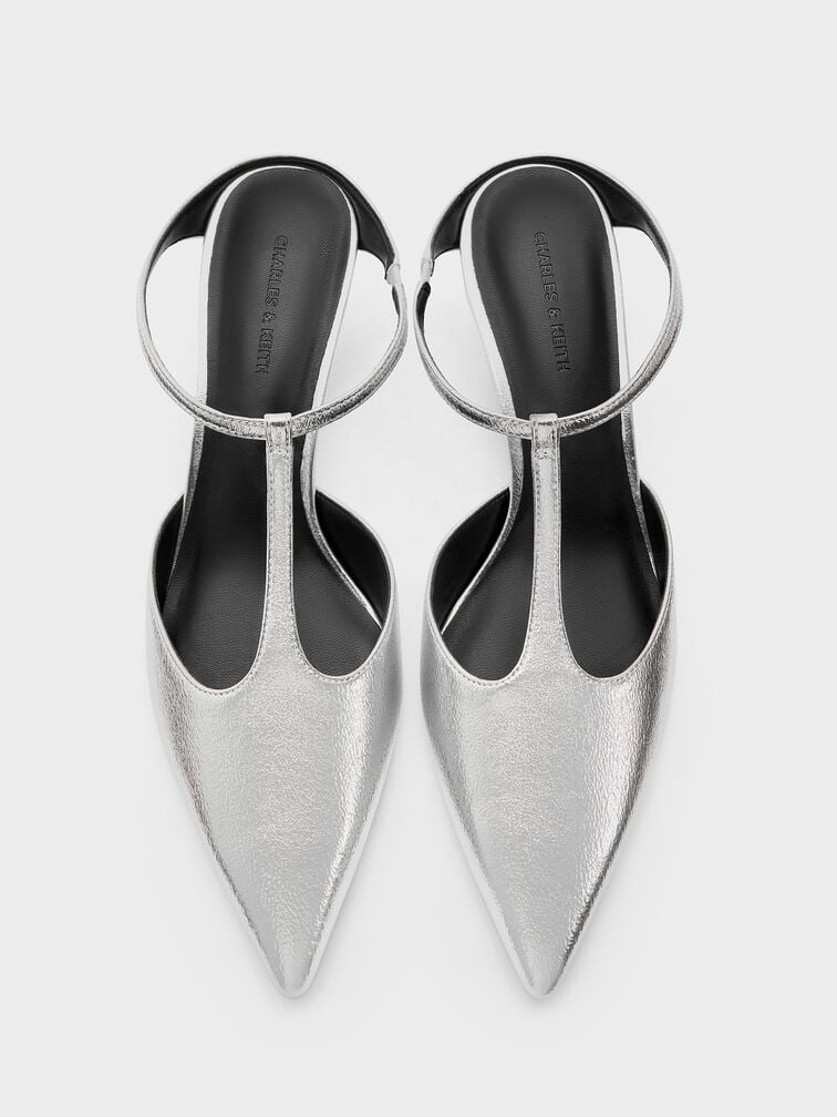 Metallic T-Bar Pointed-Toe Kitten-Heel Mules, Silver, hi-res