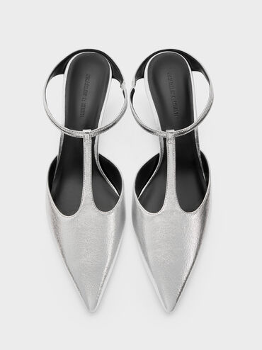 Metallic T-Bar Pointed-Toe Kitten-Heel Mules, Silver, hi-res