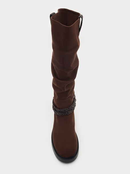 Franca Faux Suede Braided-Strap Knee-High Boots, Dark Brown Textured, hi-res