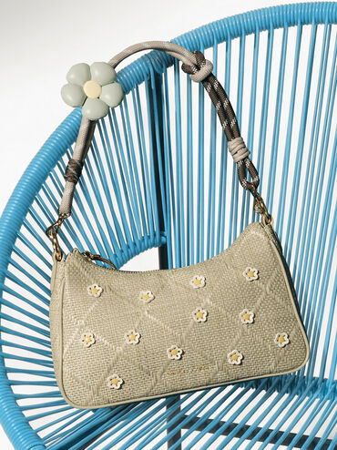 Philomena Raffia Flower Crossbody Bag, Pale Olive, hi-res