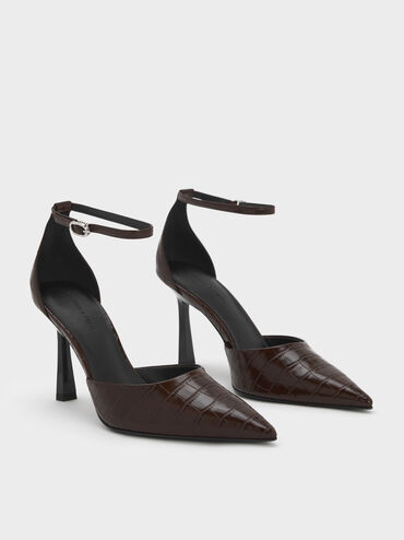 Croc-Effect Pointed-Toe Ankle-Strap D'Orsay Pumps, Animal Print Brown, hi-res