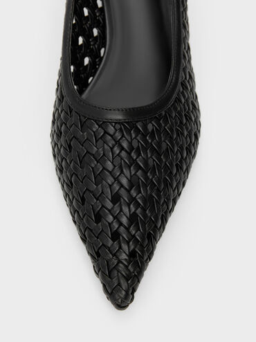 Woven Pointed Stiletto Pumps, Black, hi-res