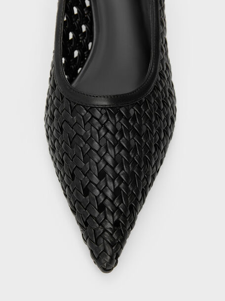 Woven Pointed Stiletto Pumps, Black, hi-res